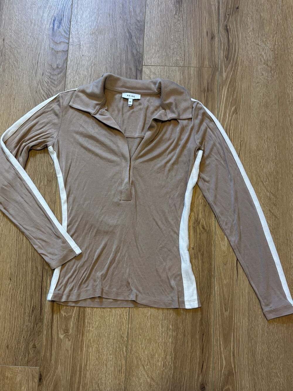 Reiss Taupe Lyocell Contrast Stripe Long Sleeve Polo Top XS